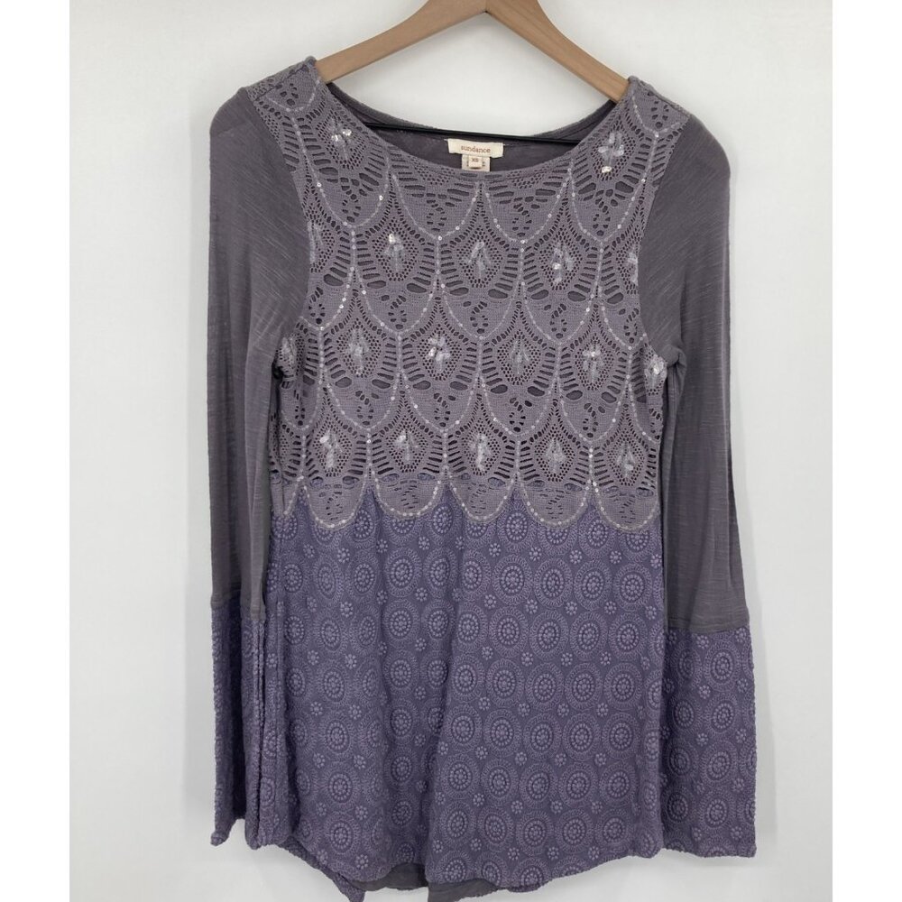 Sundance Women’s Embroidered Sequin Purple Gray Tunic Top XS Bohemian Romantic